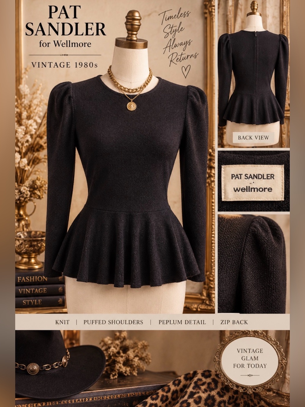 Vintage 80’s- Pat Sandler - Black, Santana knit, peplum puffed sleeve top